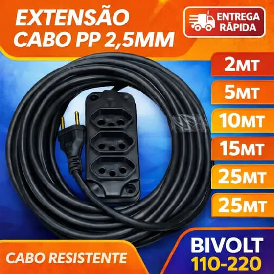 Extensão Cabo PP Reforçada Industrial Cabo 2,5 Grosso e resistente 5/10/15/20 Metros