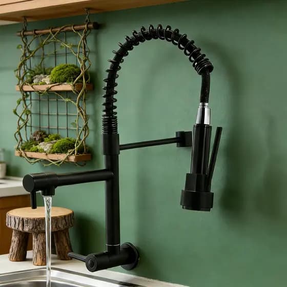 Torneira De Cozinha Parede ou Bancada Estilo Moderno Monocomando Tubo Hidráulico Flexível Regulável Tom Prateado/Preto