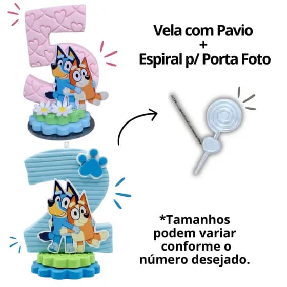 Vela Aniversário Topo de Bolo Bluey e Bingo Pavio Mágico Biscuit Luxo Pronta Entrega