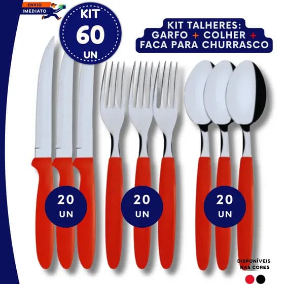 Faqueiro Talheres Inox Cabo Plástico Reforçado Jogo Cozinha 18 24 60 Peças Vermelho Preto