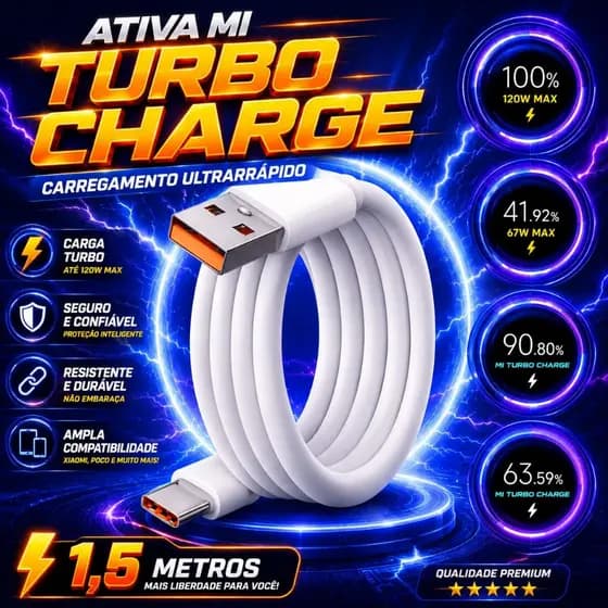 Cabo Turbo 120W 6A Tipo C 1,5m | Ativa Mi Turbo Charge 33W 67W Carregamento Ultra Rápido