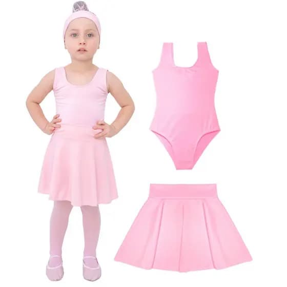 Conjunto Ballet Infantil/Juvenil Collant Regata e Saia de Cós Preto/Rosa