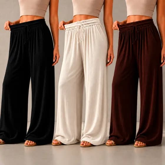 Calça Pantalona Wide Leg Cintura Alta Tricô Canelado Premium Confortável Elegante