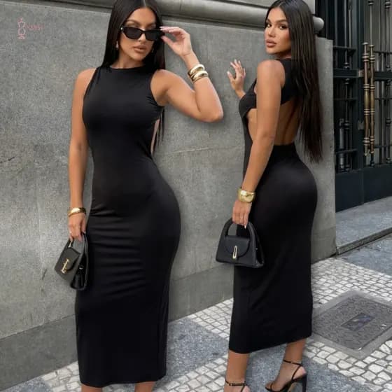 Vestido Longo Feminino Tubinho Costas Nuas Suplex Midi Elegante Justo Casual Liso Premium