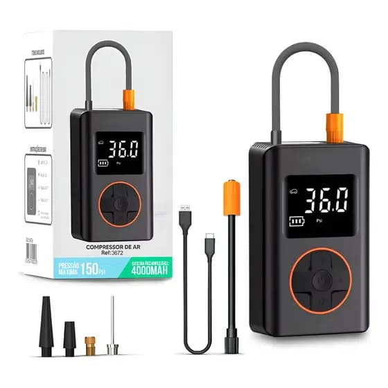 Mini Compressor Digital Bomba De Encher Pneus Portátil Para Carro Bicicleta Moto C/ Power Bank Preto Com Calibrador