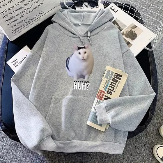 Moletom Meme Cat Huh Blusão Inverno Pop Funko Capote Gato Confortável Casual Capuz Bolso Streetwear