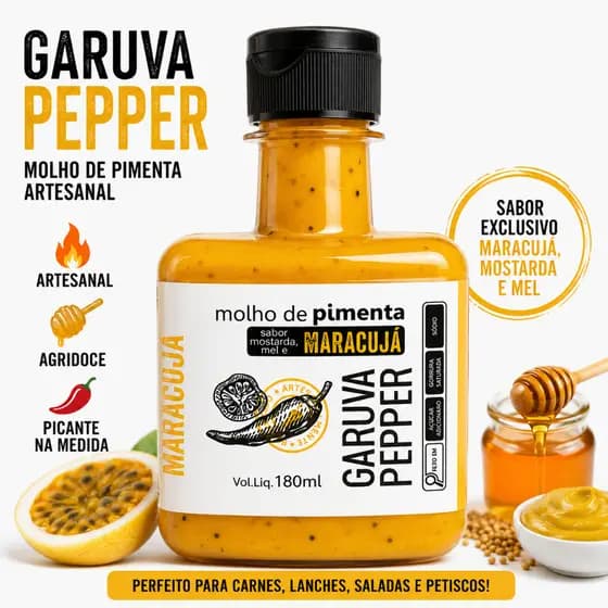 Molho de Pimenta Premium Garuva Pepper 180ml Agridoce Maracujá com Mel e Mostarda Artesanal