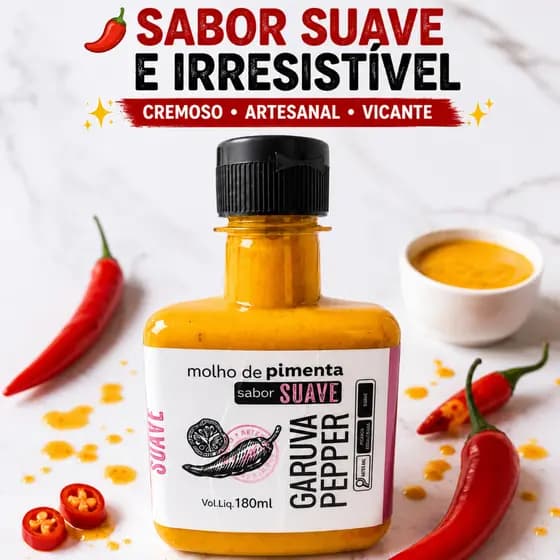 Molho de Pimenta Suave Cremoso Artesanal Garuva Pepper 180ml Hamburguer Batata Frita Lanche Pizza