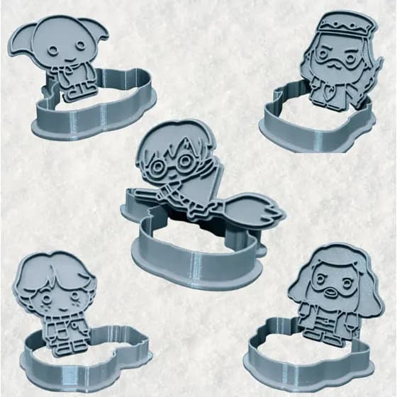 Kit 5 pcs. Cortador e Marcador de Biscoitos Cookie e Massa de Harry Potter Hermione Rony Dobby