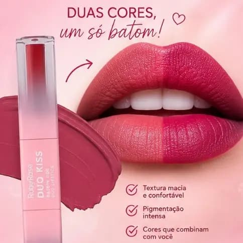 Batom Líquido Ruby Rose Duo Kiss Matte 2 em 1 Alta Cobertura Com Gloss Mega oferta