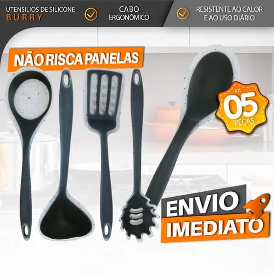 Kit Utensílios de Cozinha 5 Peças Burry Antiaderente Resistente - Não Risca a Panela