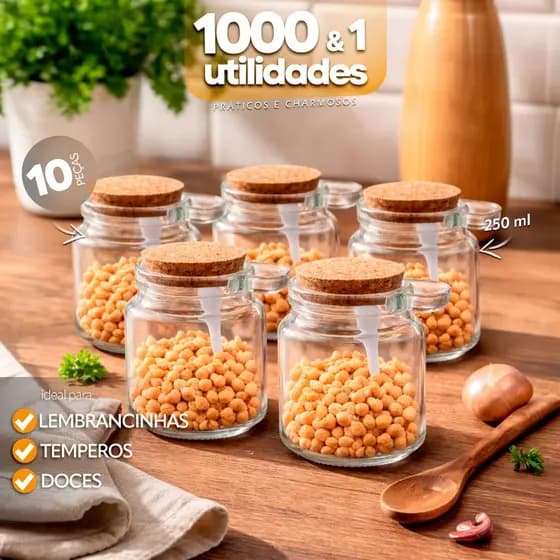 Kit 10 Potes De Vidro Tampa Cortiça Natural E Colher Para Temperos, Doce e Lembrancinhas