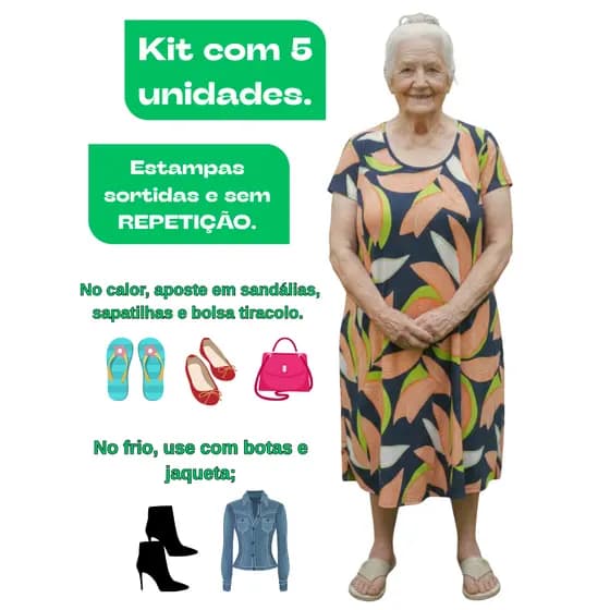 Kit 5 Vestidos Feminino Plus Size G3 ao G6 Estampado Midi Manga Curta Verão Fresquinho