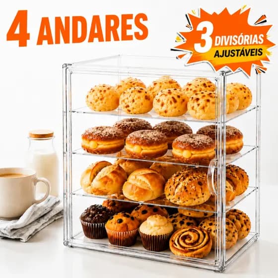 Porta Pão Acrílico Transparente com Porta Magnética 4 Andares Armazenador de Pães Organizador de Cozinha Mesa Bolos Doce