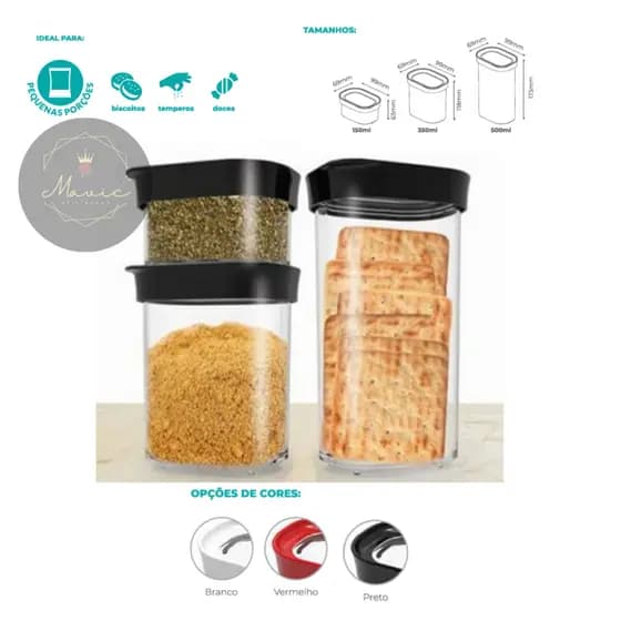 Kit 3 Potes Hermeticos Premium Empilhaveis Armazenamento Temperos Doces Grãos Mantimentos