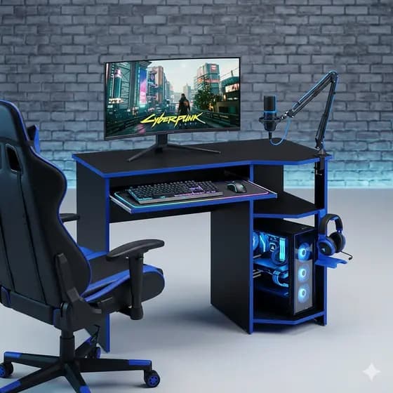 Mesa Gamer Compacta com Prateleira Lateral + Suporte CPU | Ideal para Setup e Home Office | Envio Rápido