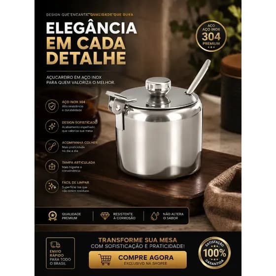Açucareiro 450ML Em Aço Inox Com Colher Cafeteria Restaurantes