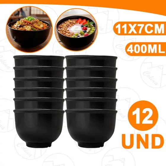 Kit Com 12 Tigelas Melamina Bowl Oriental Preta 400ml Japonês Restaurante Profissional