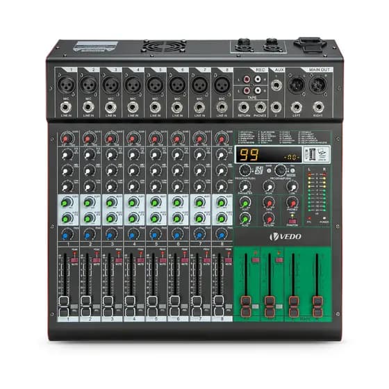 VEDO 8 Canais Mesa De Som Com Amplificador 500W*2 99DSP VDA308L Misturador Com 2 Canais Aux Gravação via Bluetooth e USB
