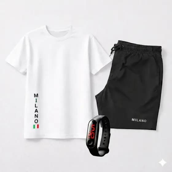 Kit Camiseta 100% Algodão + Bermuda Tactel + Relógio Digital P ao GG Paris Milano