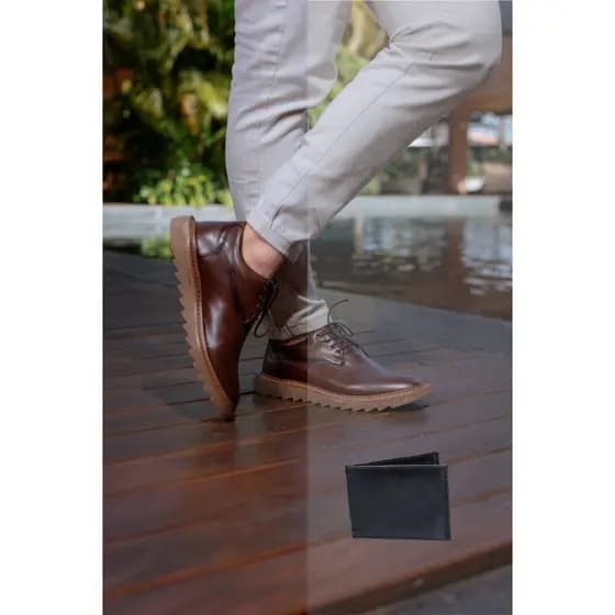 Sapato Social Oxford Luca + Carteira Tratorado Confortável Masculino Social Brogue Escritório Dia dos Pais