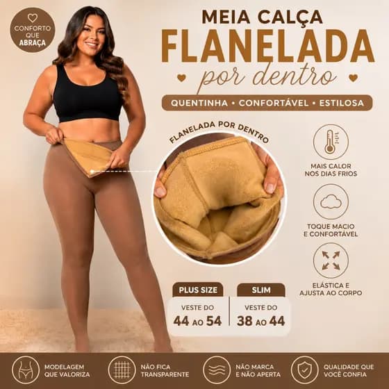 Meia Calça Flanelada Plus Size e Slim com Pezinho do 38 ao 54 Meia-Calça Forrada Para o Inverno