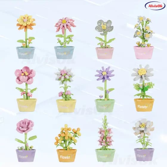 Flores de Montar Decorativas - 12 Modelos Únicos Presente Criativo para Escritório/Casa Mini Blocos