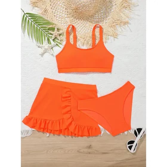 RWX VEST Conjunto Praia Juvenil: Biquíni com Saída de Praia Canelada em Cor Lisa 2025 - J3028
