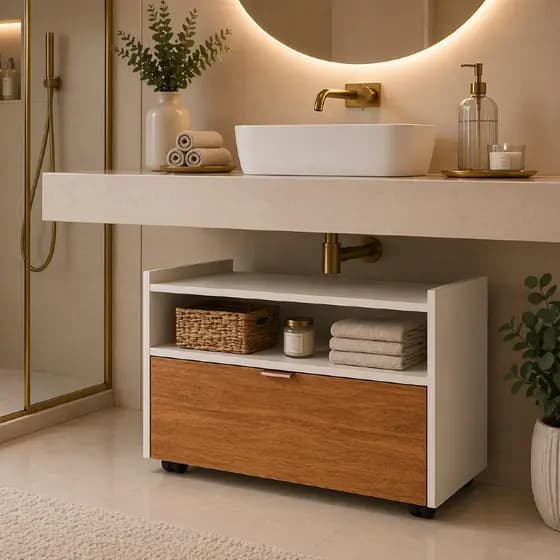 Gabinete Banheiro e Lavabo Organizador Multiuso Com Rodízios Nicho e Porta Basculante