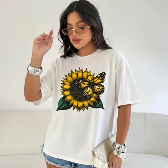 T-Shirt Feminina Algodão Premium GIRASSOL Estampada Flor Estilosa Básica Tendência