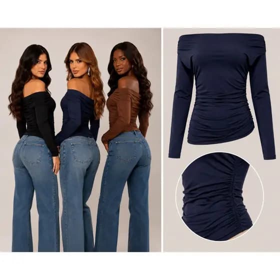 Blusa Ombro a Ombro manga longa assimetrica Suplex Premium Feminina Moda gringa