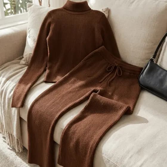 Kit Conjunto Feminino Inverno Texturizado Cropped Ajustado Manga Longa com Calça Flare Cintura Alta