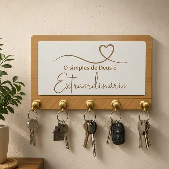 Decoração Porta Chaves 5 ganchos amadeirado com mensagem cristã feito em MDF