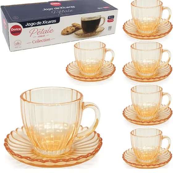 JOGO DE XICARA DE VIDRO COM PIRES PARA CAFE PETALE COLLECTION AMBAR 12 PECAS 100ML