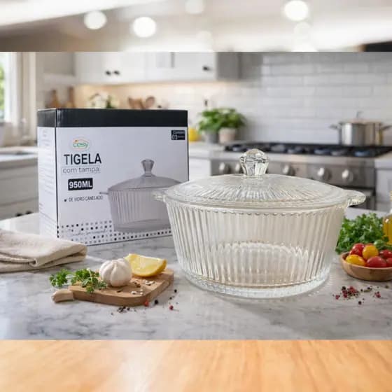 Tigela Terrina 950ml de Vidro Canelado com Tampa 17CM X 12CM - COSY