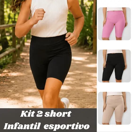 Kit 2 Shorts Infantil Menina Bermuda Ciclista Cintura Alta Tecido Elástico Esportivo