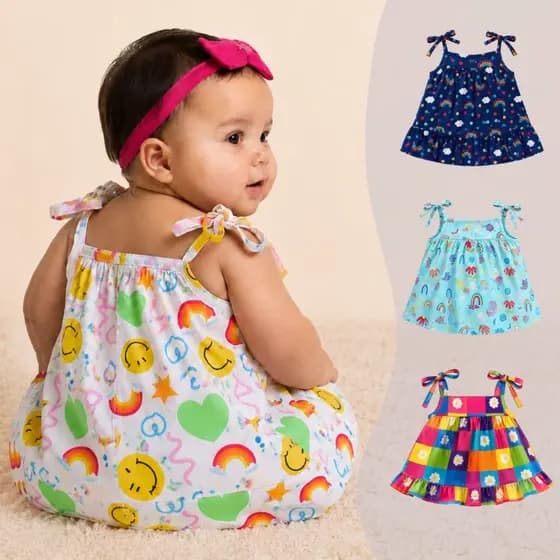 Vestido Bebê Menina Estampado Crepe Alça Regulável Leve Fresquinho Passeio Verão Delicado