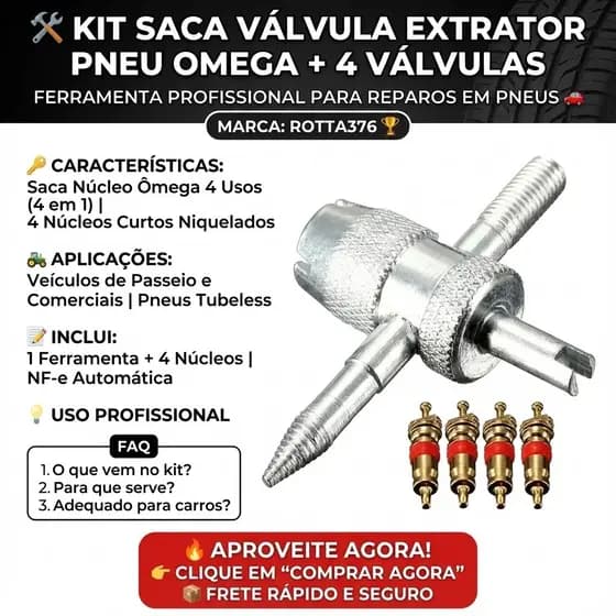 Kit Saca Válvula Pneu 4 Em 1 Extrator Núcleo Tipo Ômega + 4 Núcleos Niquelados Pneu Tubeless