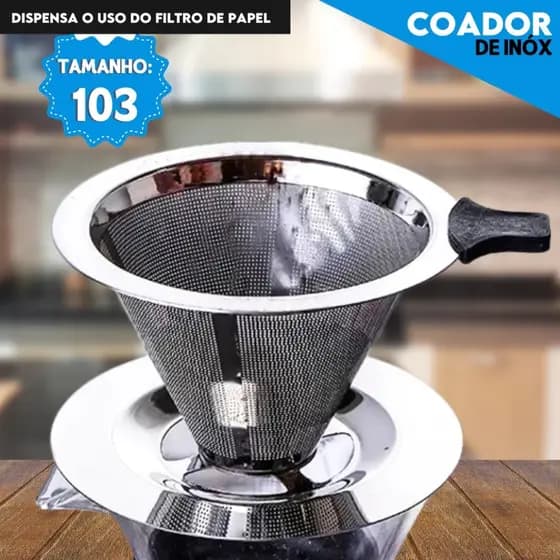 Filtro Coador De Café Inox 103 - Com Pegador em Silicone - Peneira Aço Reutilizável