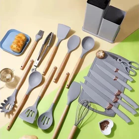Kit Conjunto 19 Pçs De Utensílios Facas Silicone Cozinha Jogo Completo Batedeira Colher Pegador -KODI01001/02/03/04/05
