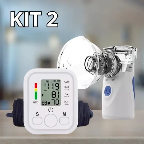 2 KIT Aparelho Medidor De Pressão Arterial De Braço E Nebulizador Inalador Ultrassônico Portátil Usb Bivolt Ou Pilha
