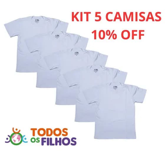 Kit 5 Camisetas Infantis Brancas 100% Algodão Premium – Manga Curta Gola Redonda