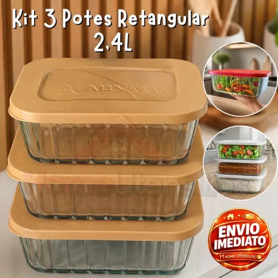 Kit 3 Potes Tigela De Vidro 2.4 Litros Retangular Com Tampa Plástica