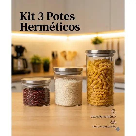 Kit Conjunto Potes Herméticos Vidro Borossilicato Tampa Inox com Silicone - 3 Unidades