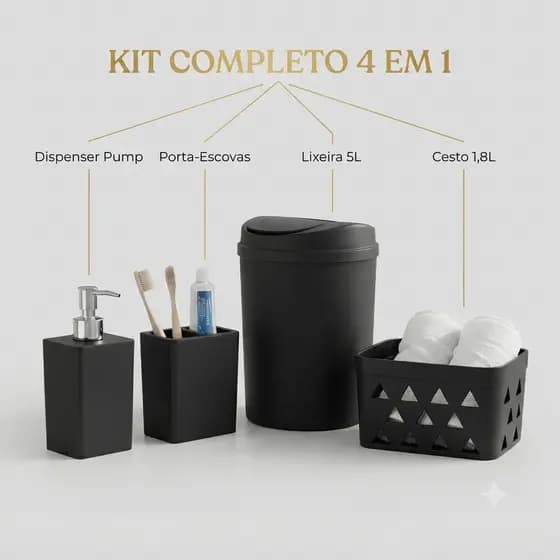 Kit Banheiro 4 Peças- Lixeira 5L, Porta Sabonete, Porta Escovas - Preto Fosco