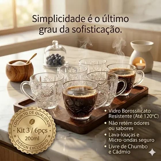 Jogo Xícaras De Café/Chá Em Vidro Transparente Trabalhado Design Delicado e Minimalista Estilo Imperial Classico 200Ml