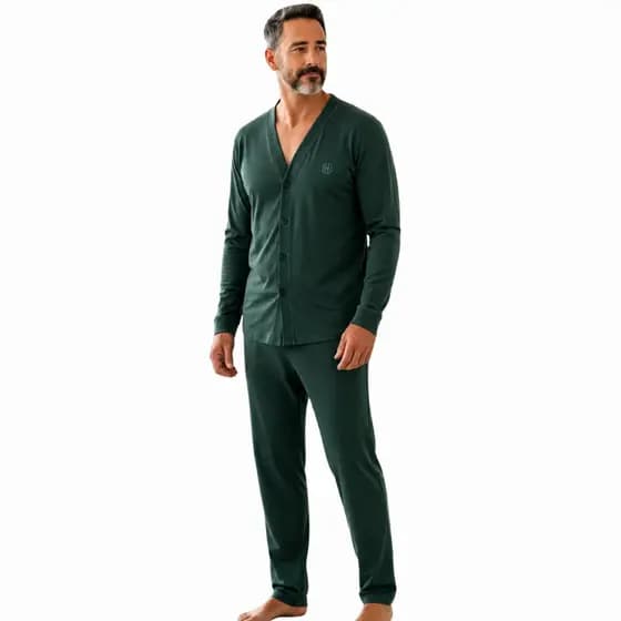 Pijama Masculino Aberto na Frente Manga Longa e Calça Pós Cirúrgico em Malha