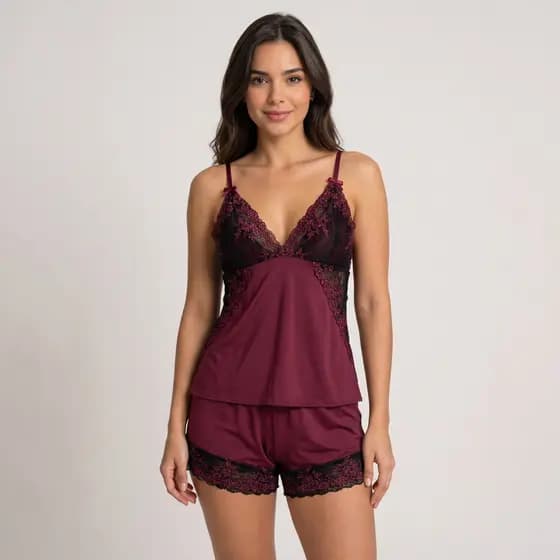 Baby Doll Suede Pijama Feminino Bicolor Blusa e Short Plus Size Verão