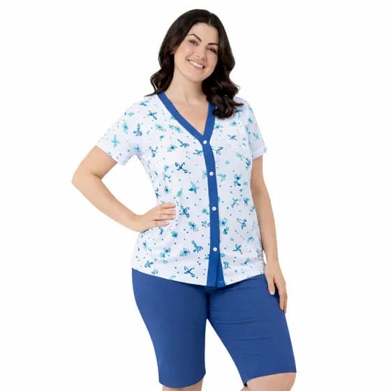 Pijama Feminino Com Botões Manga Curta Senhora Pescador Aberto Bermuda Confortável Verão