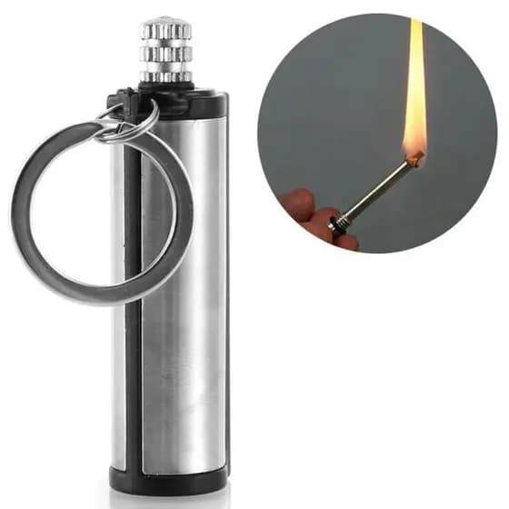 Pederneira Acendedor de Fogo Aço Inox Chaveiro Prova DÁgua Cilindro